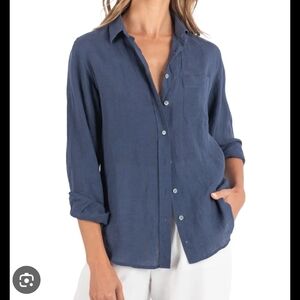 Zara 100% Linen Navy Blue Button-Down Shirt - Relaxed Long Sleeve